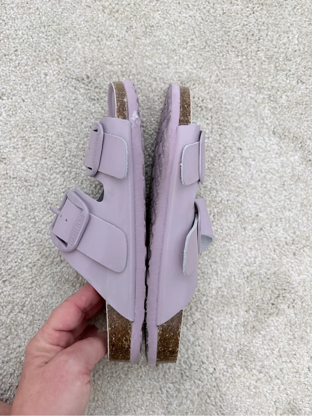Double-Buckle Slide Sandals in Lavender